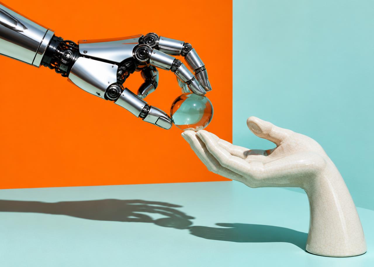 Conceptual editorial still life illustrating ai tools: Where AI meets automation—and where a human still belongs