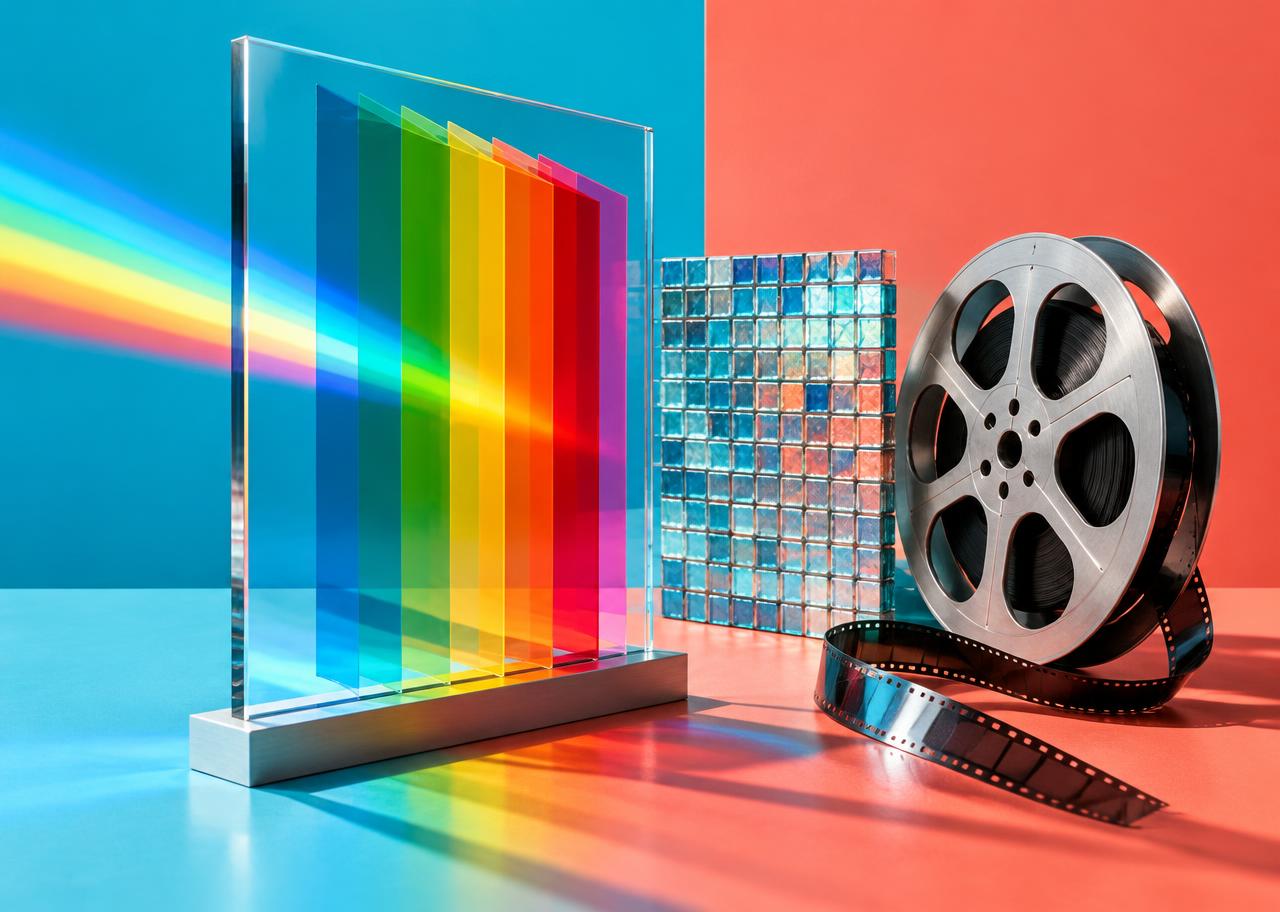Conceptual glass color spectrum, pixel mosaic, and silver film reel