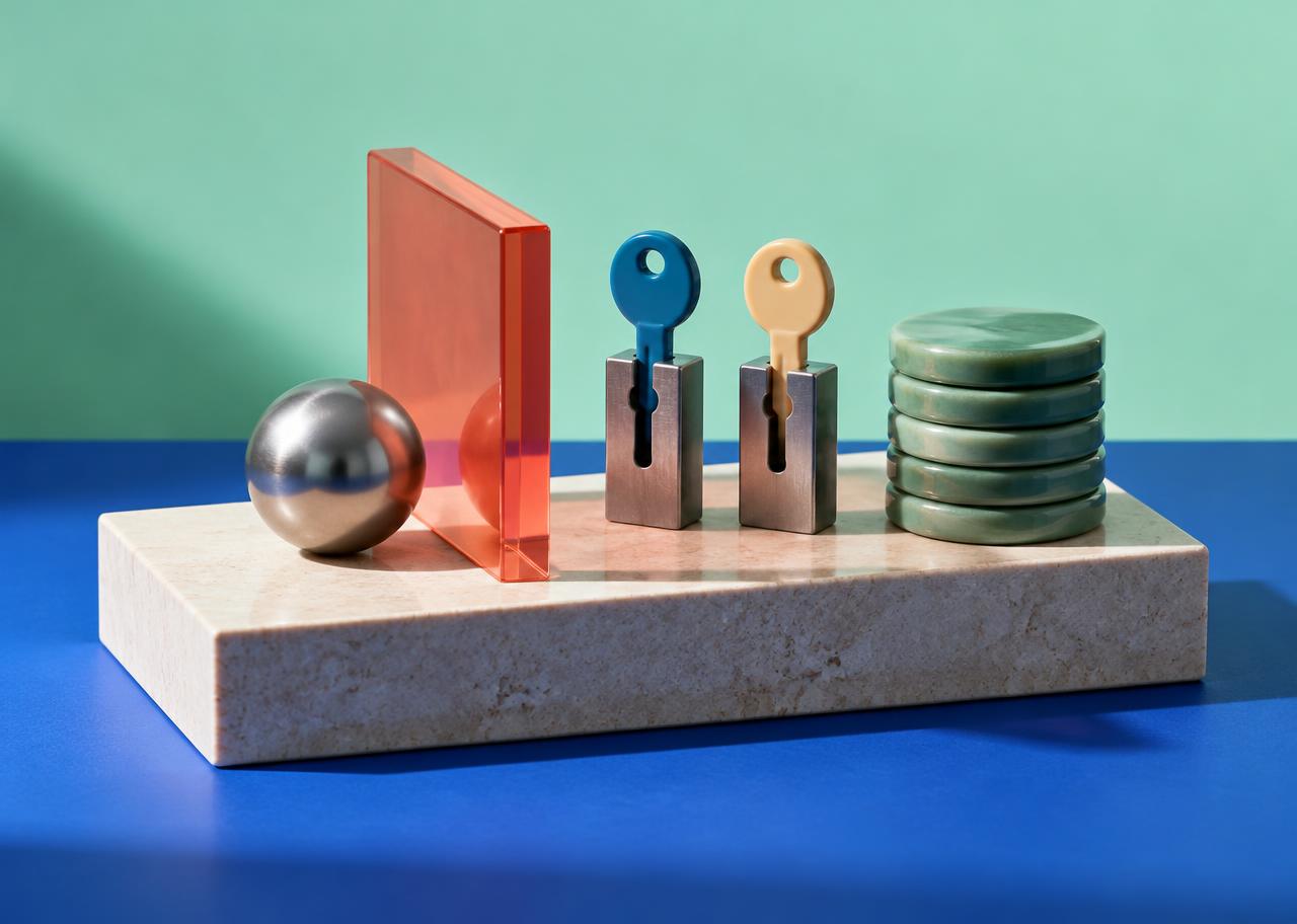 Original editorial still life of an aluminum sphere stopped at a coral glass gate beside two ceramic keys and stacked jade discs; symbolic approval controls, not a banking interface.