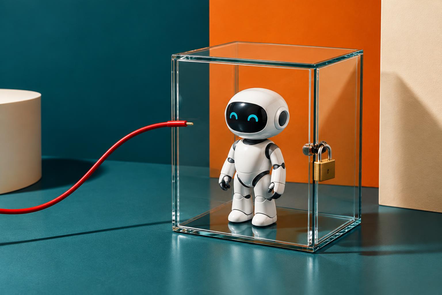 Editorial still life of a small white robot figurine inside a locked glass cube, with a red cable stopped at the glass, against teal, orange and cream color blocks