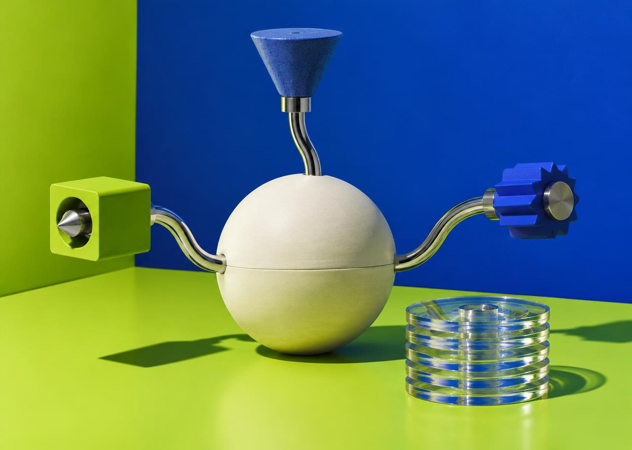 Conceptual decision sphere connected to geometric tools beside transparent memory discs