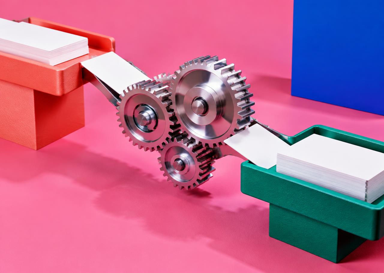 Original still life of interlocking silver gears between colorful stepped task blocks; conceptual business automation, no provider logos.