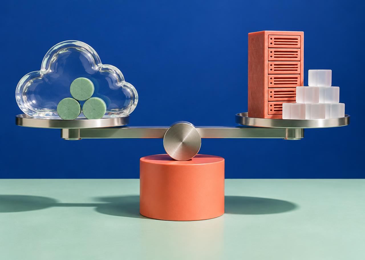 Original editorial still life of a glass cloud and coral server sculpture on a metal balance beam; symbolic business deployment costs, not a measured comparison.