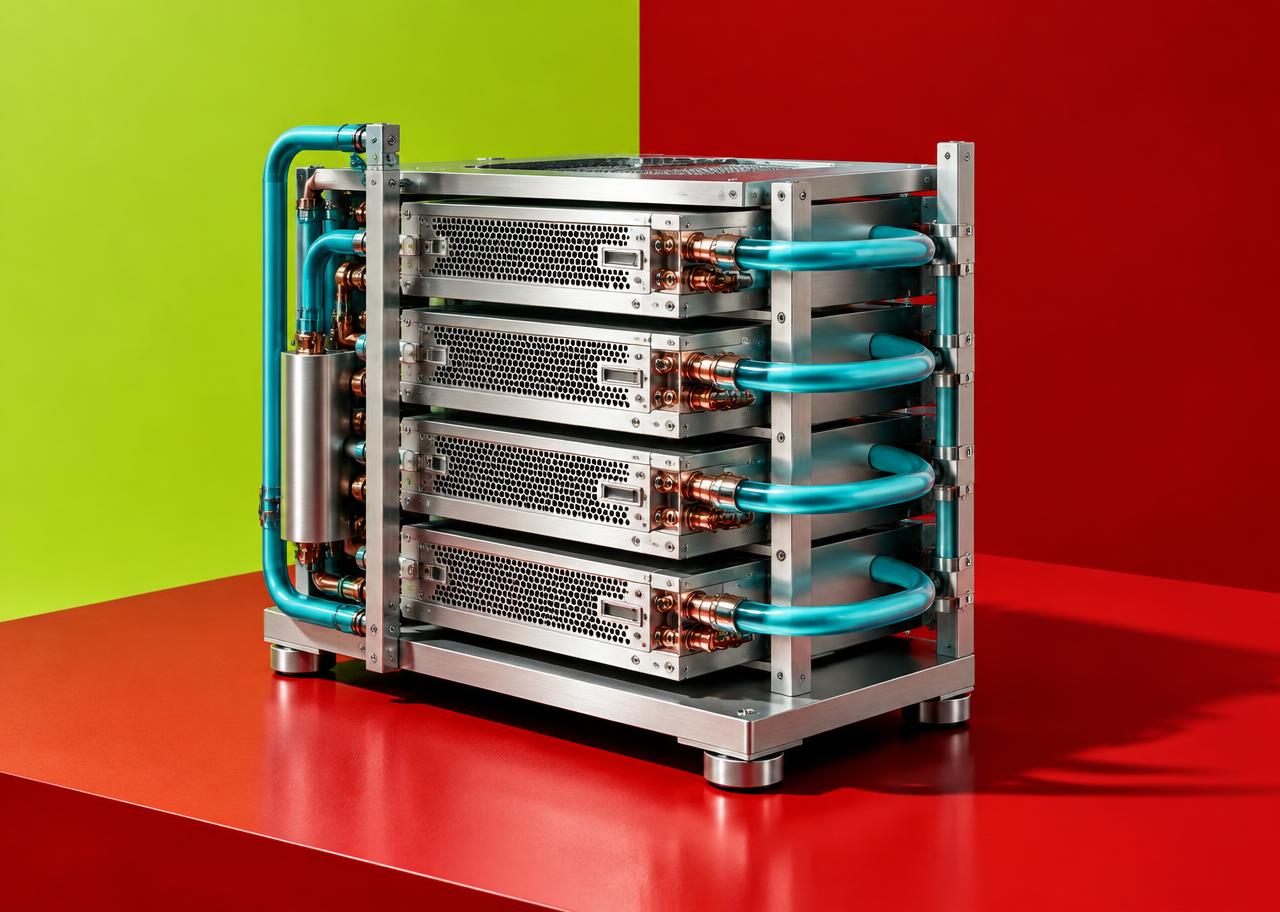 Conceptual brushed-aluminum server rack with turquoise cooling tubes