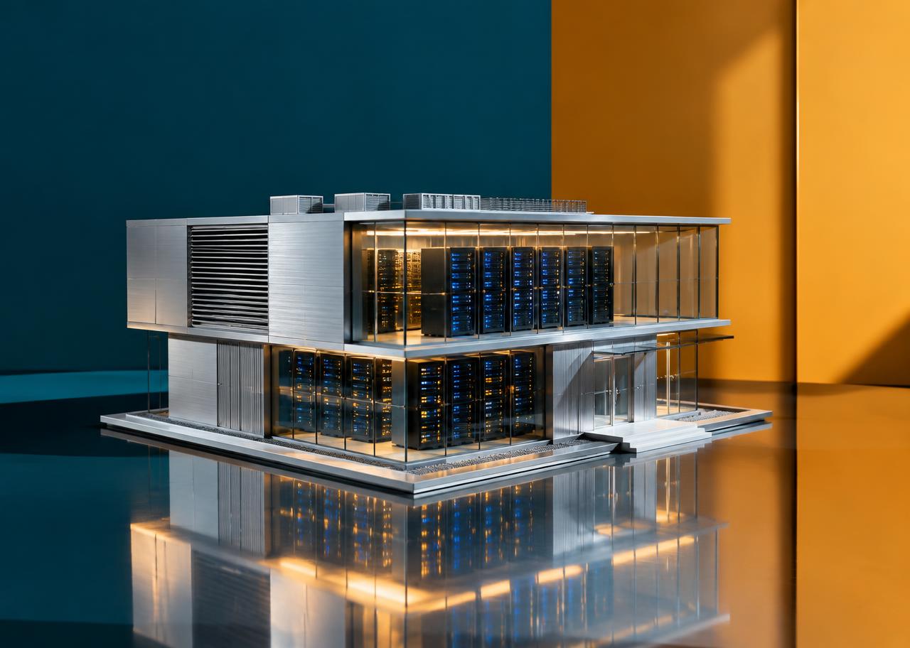 Conceptual editorial still life of a miniature glass and aluminum data-center building with glowing server racks on a reflective surface, against a teal and amber color-blocked backdrop.
