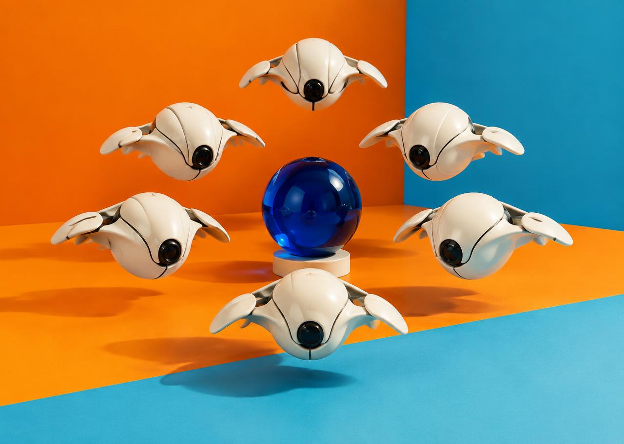 Conceptual editorial still life illustrating defense technology: How Do AI Drone Swarms Work? The Software Behind Coordinated Drones