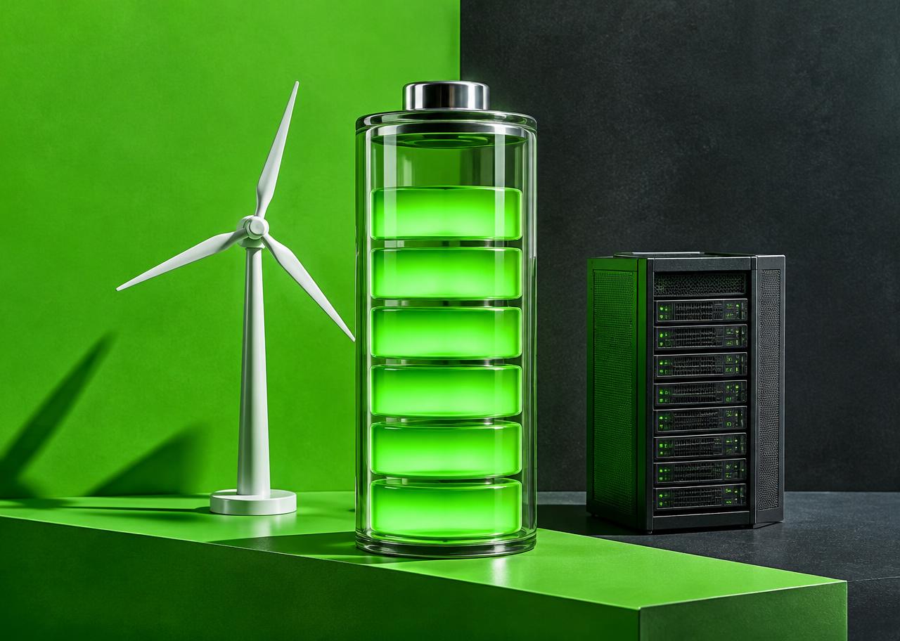 Conceptual editorial still life of a glass battery cell with glowing green charge segments beside a miniature wind turbine and a small server rack, on a green and charcoal color-blocked set.
