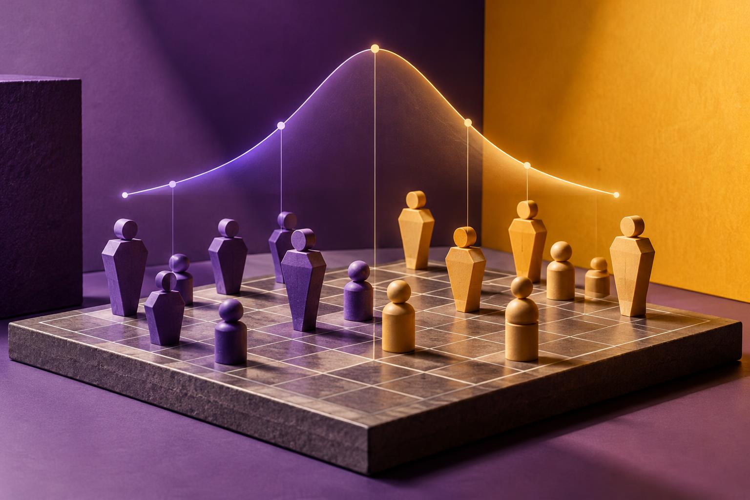 Conceptual editorial still life of abstract geometric player pieces on a grid board with a glowing probability curve above them, against a purple and amber backdrop; not a depiction of any real team.