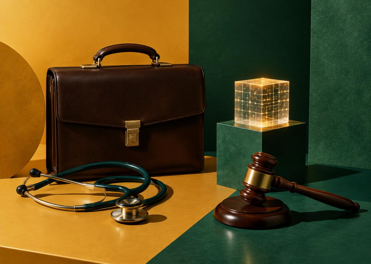 Conceptual editorial still life of a leather briefcase, a stethoscope, a wooden gavel and a glowing cube on a pedestal, against an ochre and forest-green color-blocked backdrop.
