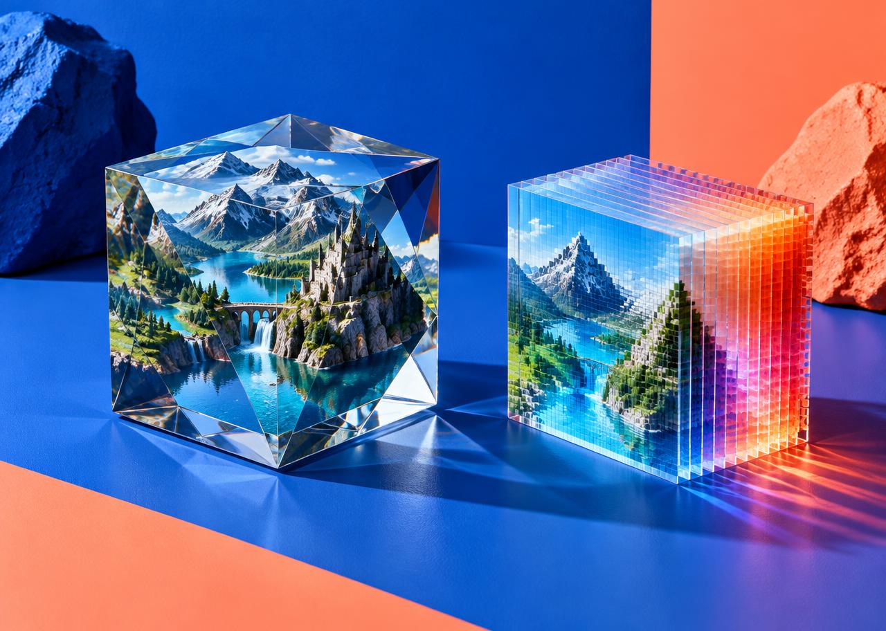 Conceptual glass terrain cube beside a layered pixel prism on cobalt and coral studio surfaces