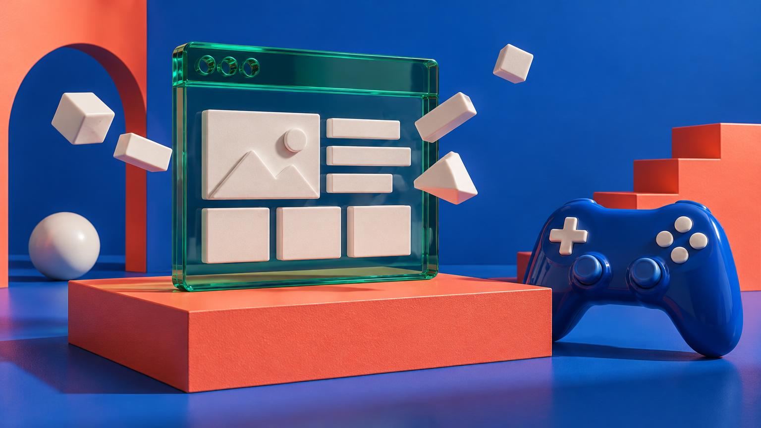 Conceptual editorial still life of an emerald glass browser frame assembled from ceramic blocks beside a cobalt game controller, against coral and blue color blocks; not a real product interface.