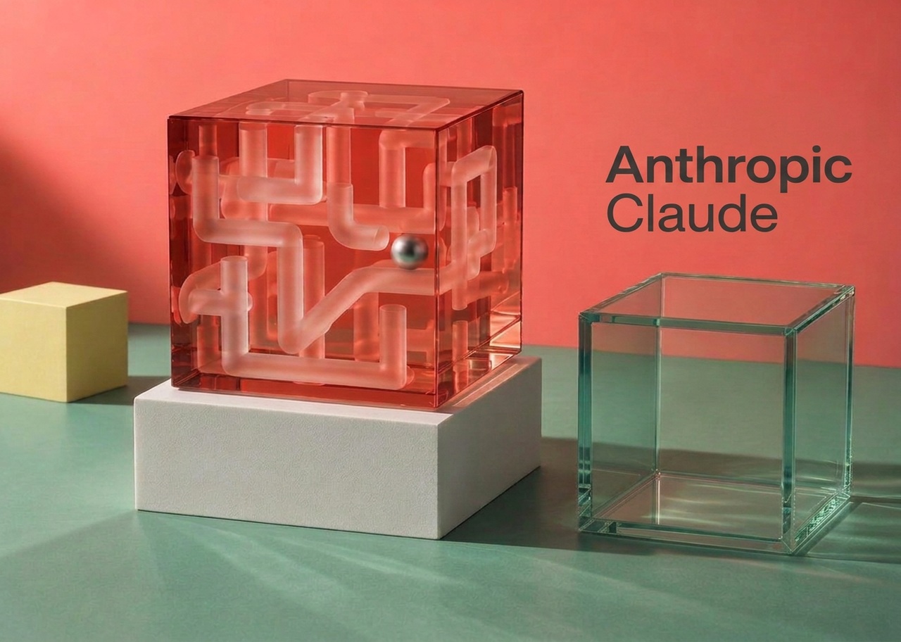 Editorial still life of a coral glass reasoning maze and aluminum sphere beside an empty glass cube, with Anthropic and Claude name labels; not an official product image.