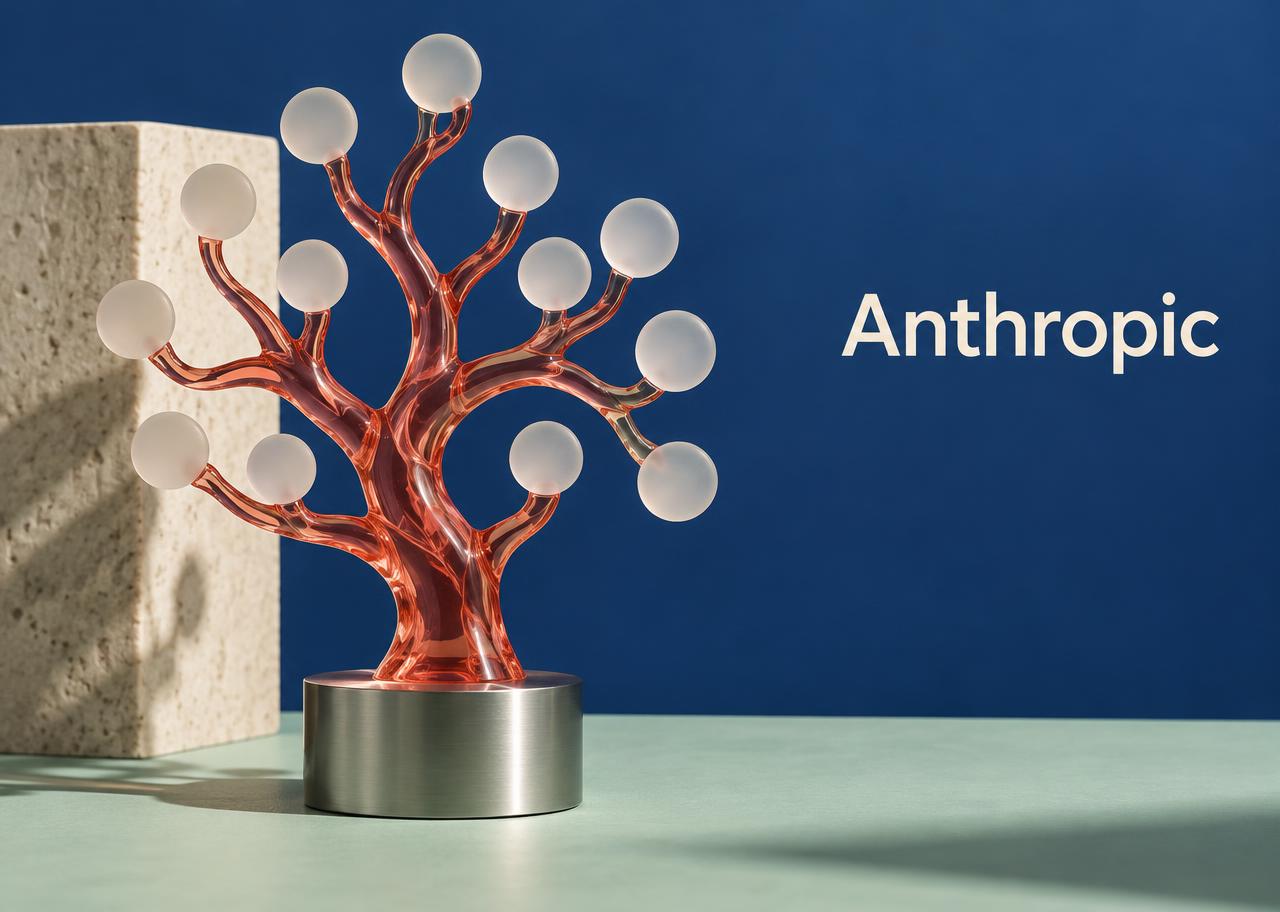 Original editorial illustration of a coral glass branching tree with frosted discs and an Anthropic name label; symbolic equity commitments, not an official fund graphic.