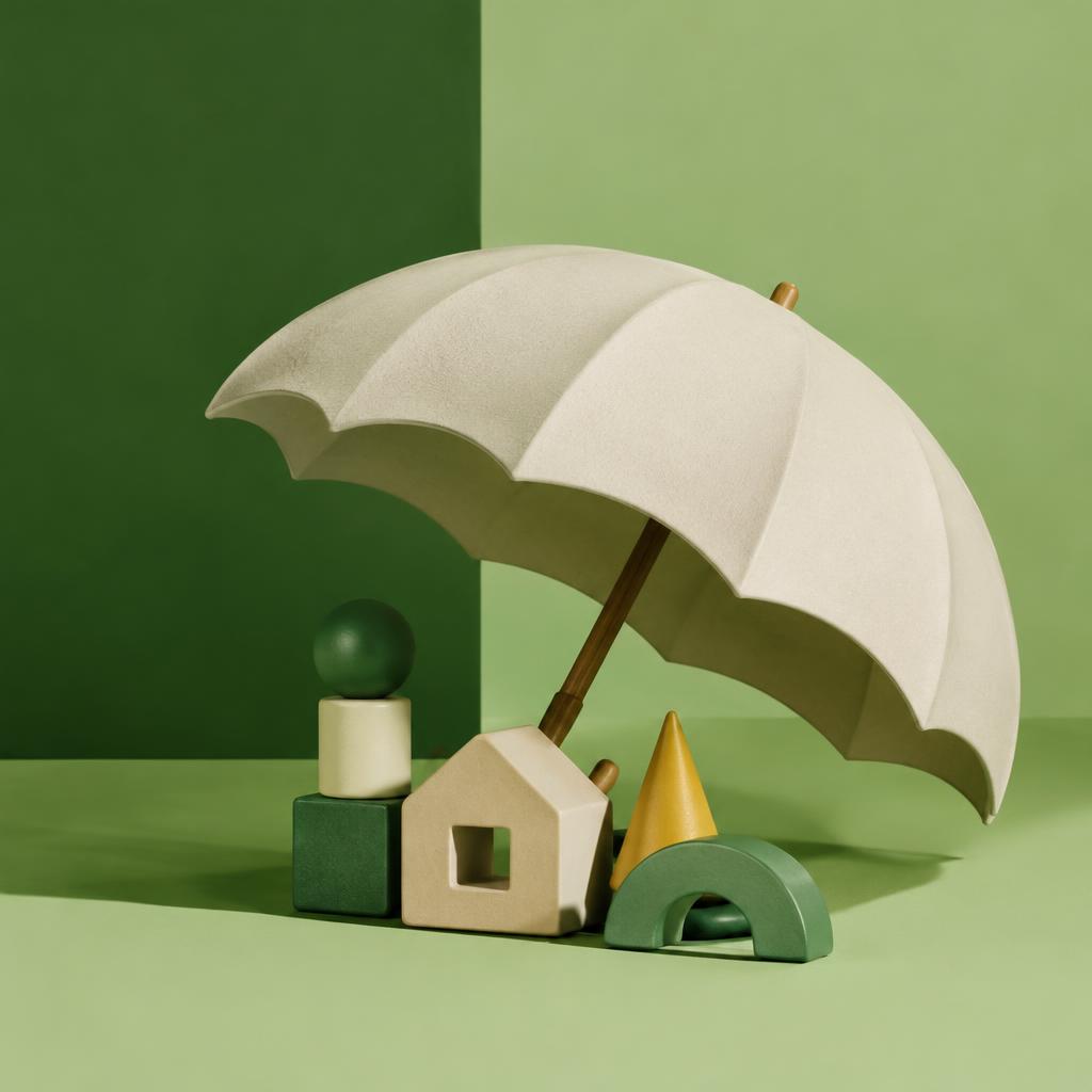 Conceptual editorial still life of a large sculptural umbrella sheltering small abstract toy blocks and a tiny house, against a soft green backdrop.
