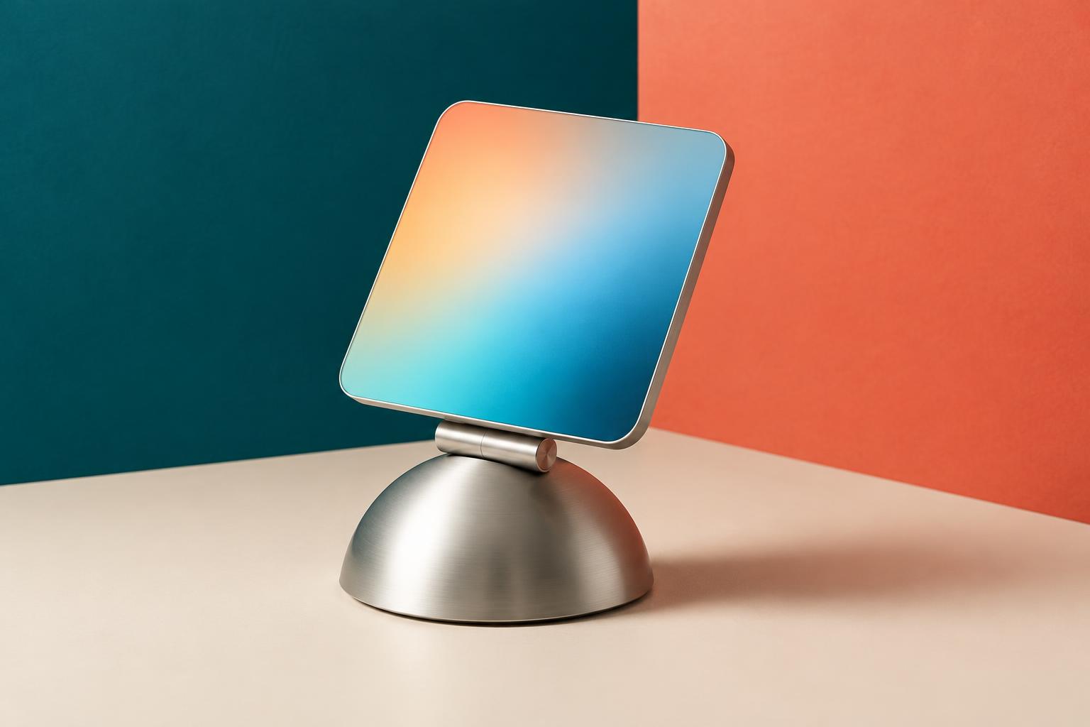 Conceptual editorial still life of a small square smart display on a domed brushed-aluminum base with a stainless hinge, on a cream surface against a teal and coral color-blocked backdrop; not an Apple product photograph.