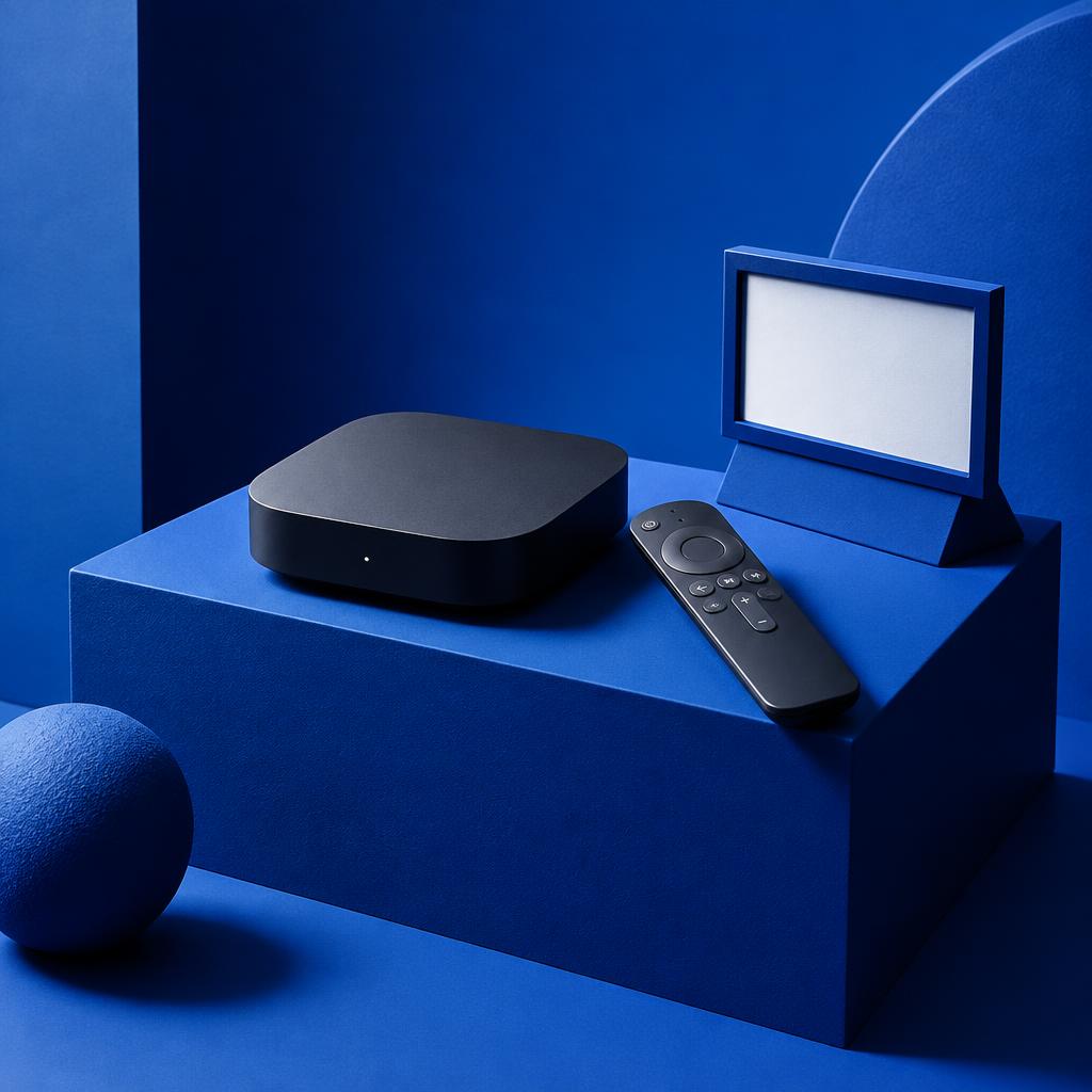 Conceptual editorial still life of a minimalist streaming box and remote on a blue plinth beside a tiny sculptural cinema screen, against a deep blue backdrop.