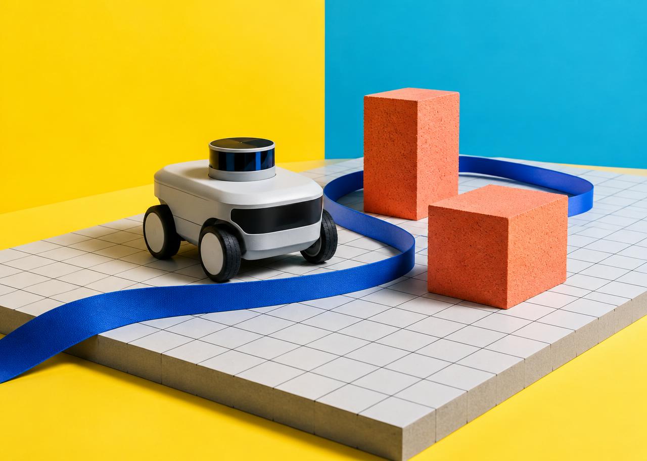 Conceptual wheeled robot with a LiDAR turret and curved route around coral obstacles
