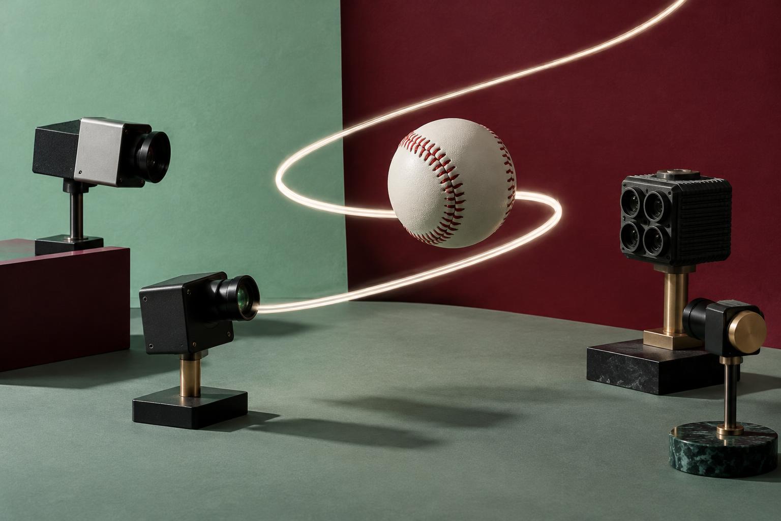 Conceptual editorial still life of a baseball with a spiral of light tracing its trajectory, surrounded by small high-speed camera sculptures, against a mint and burgundy backdrop; not an official MLB image.