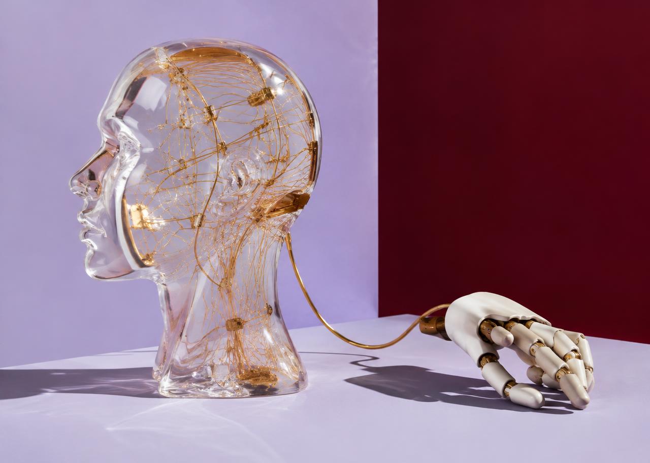 Conceptual editorial still life of a translucent glass head with gold wire circuitry inside, connected by a cable to a small robotic hand, on a lavender and burgundy color-blocked set.