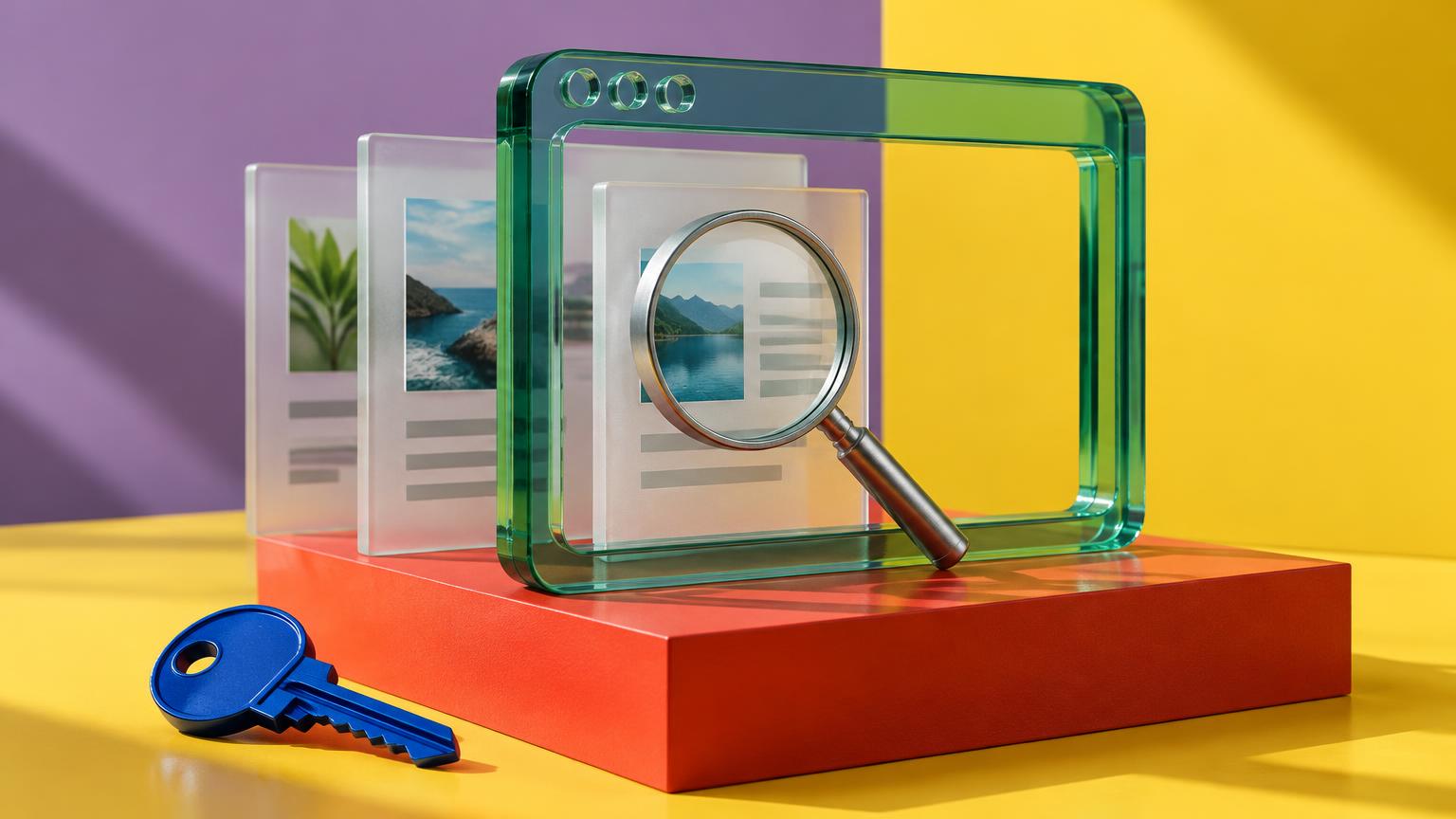 Conceptual still life of a green glass browser frame, frosted page panels, a silver magnifying glass and a blue key on a coral pedestal; not a ChatGPT interface.