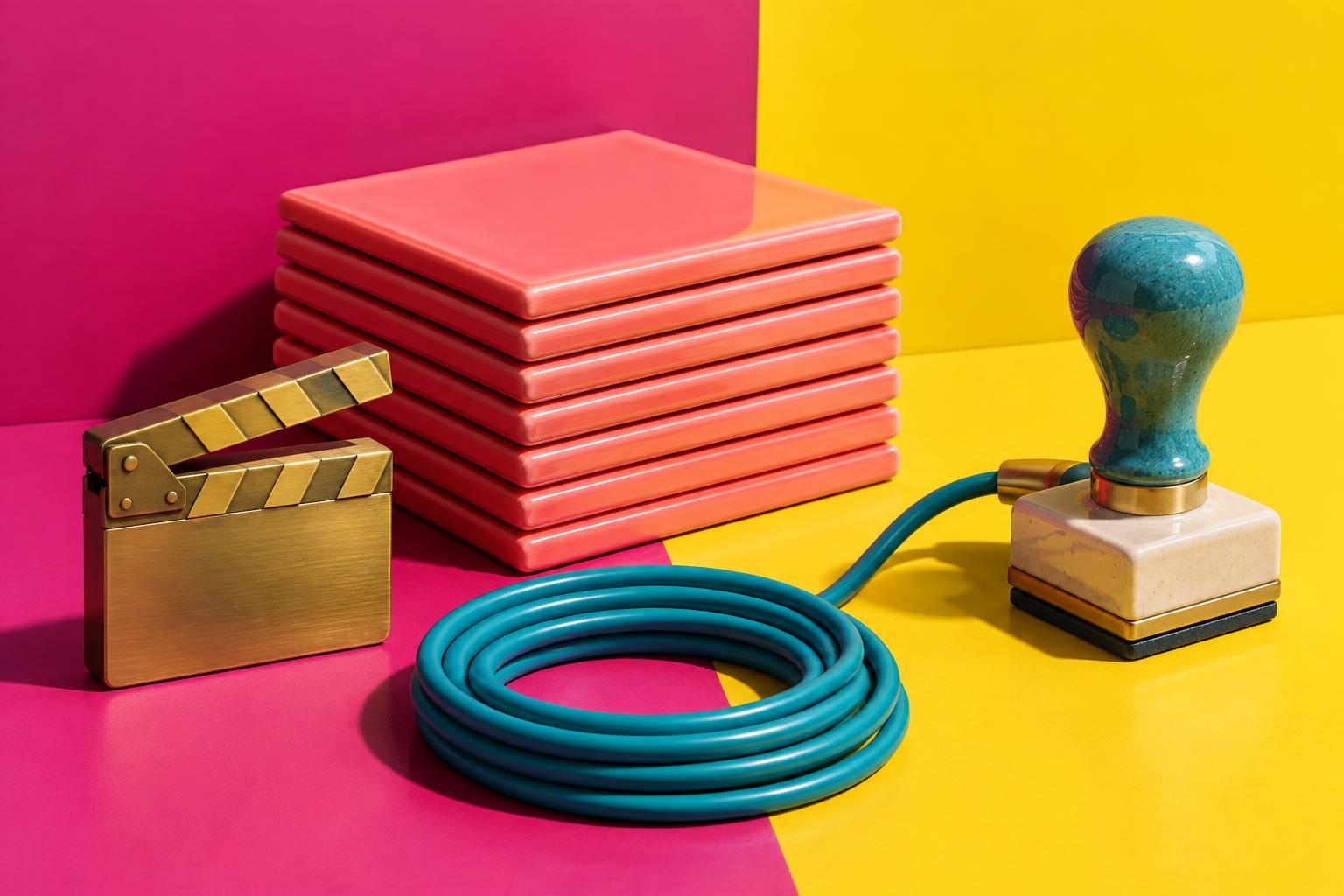 Original still life of stacked coral tiles like a content calendar, a brass clapperboard, a coiled teal cable and a ceramic approval stamp on magenta and yellow; conceptual art, not a real product.