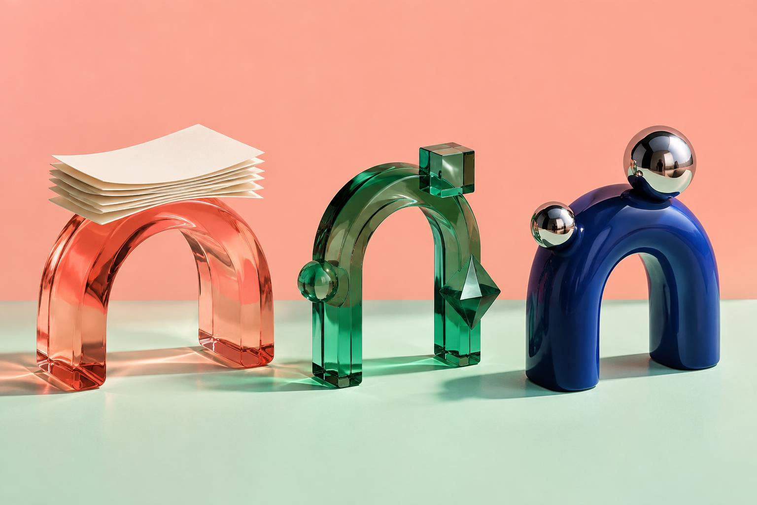 Original conceptual coral, emerald and cobalt sculptural arches with paper and chrome spheres; not actual agent interfaces or company products.