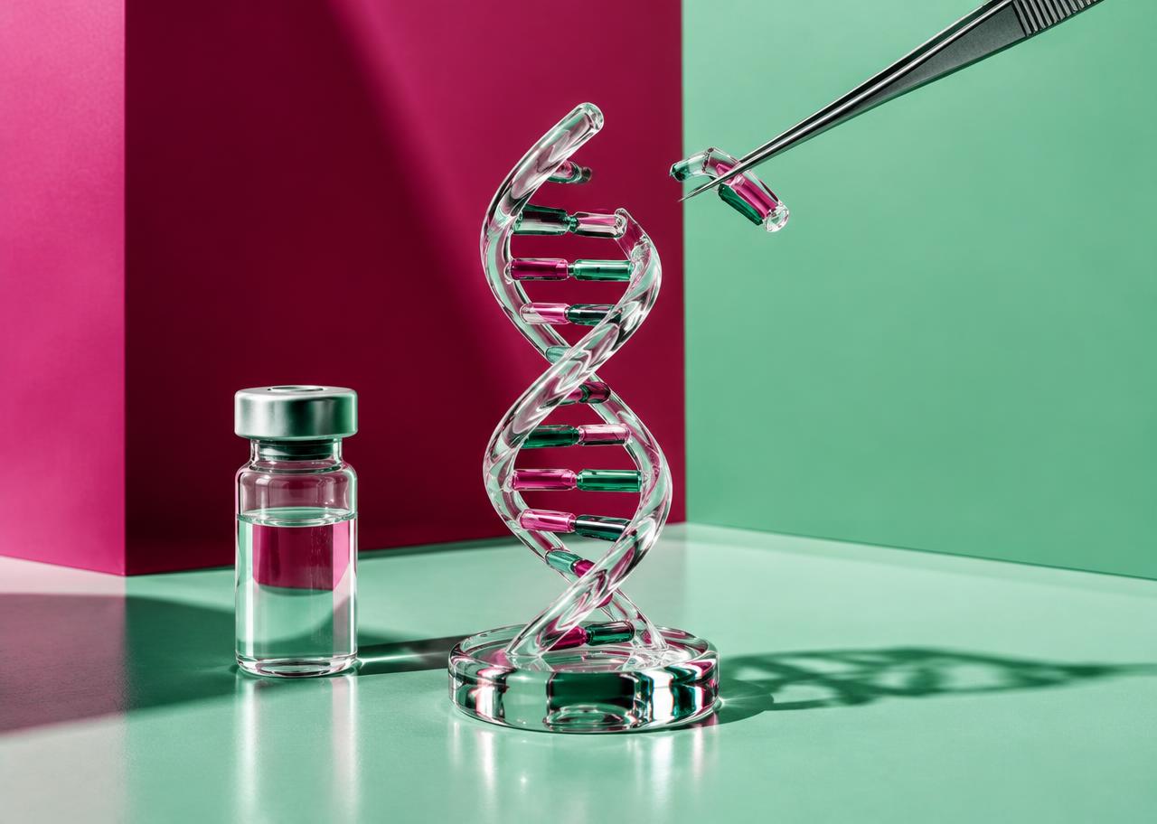 Conceptual editorial still life of a glass DNA double helix with one segment lifted by precision tweezers beside a laboratory vial, on a magenta and mint color-blocked set.