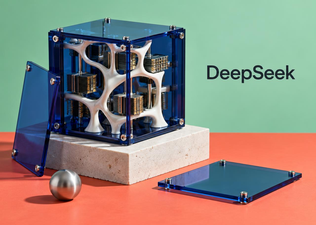 Original editorial still life of a cobalt computation cube with removable panels and branching ceramic paths, labeled DeepSeek; not an official product image.