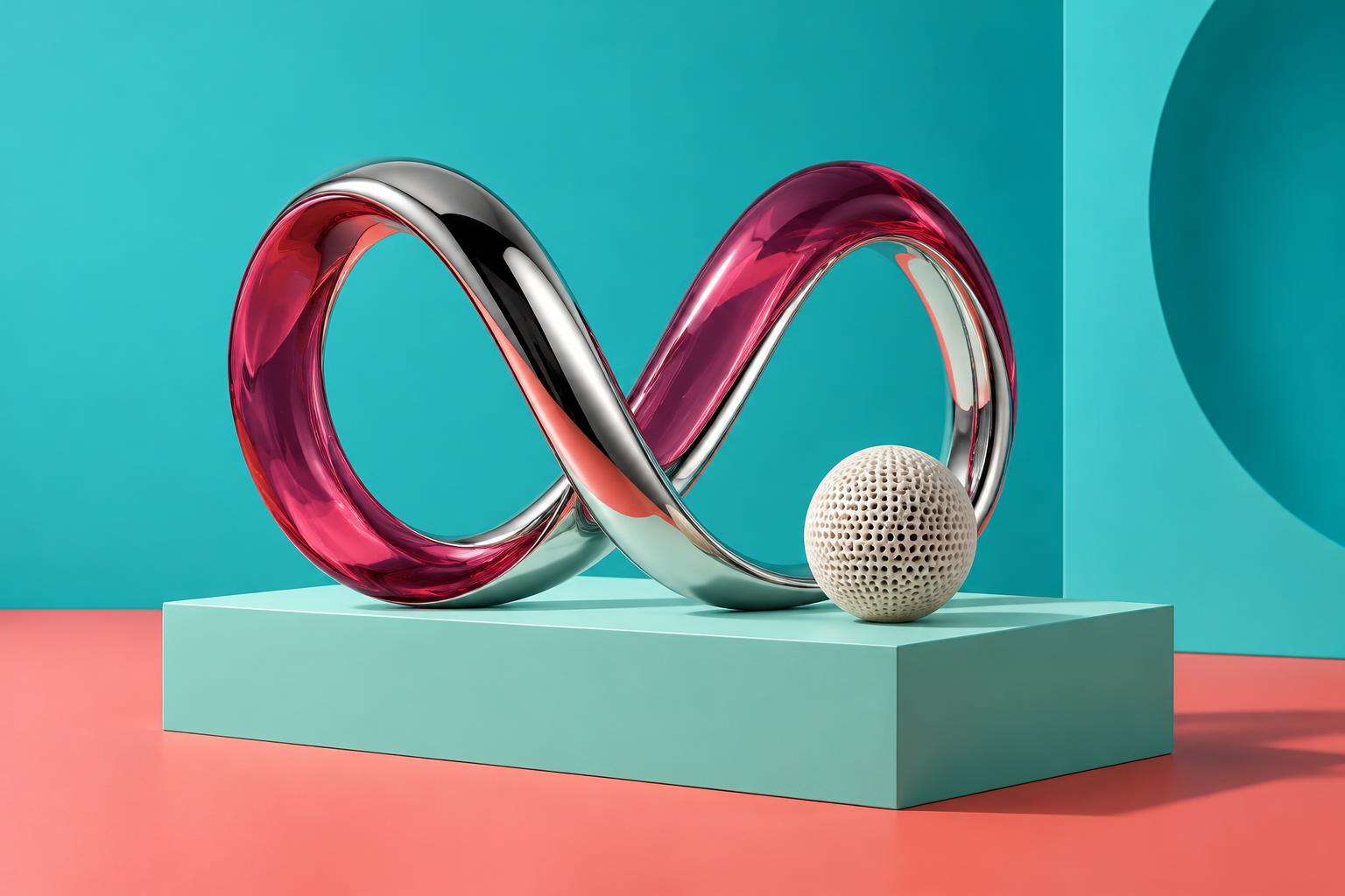 Original conceptual chrome and raspberry glass sound-wave loops beside a perforated ceramic sphere on mint; not Dessa hardware or a measured waveform.