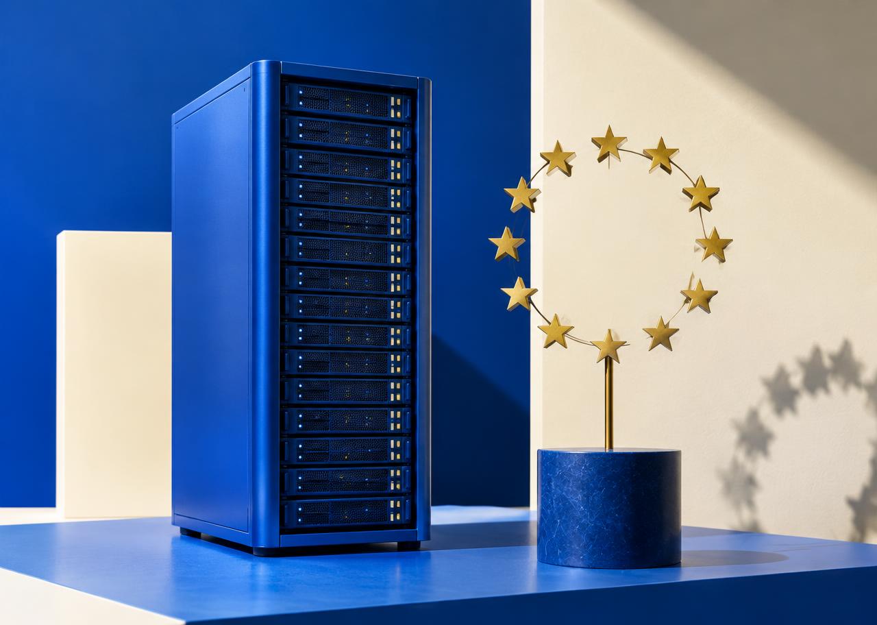 Conceptual editorial still life of a blue server tower beside a stand holding twelve small gold stars in a circle, against a cobalt and cream color-blocked backdrop.
