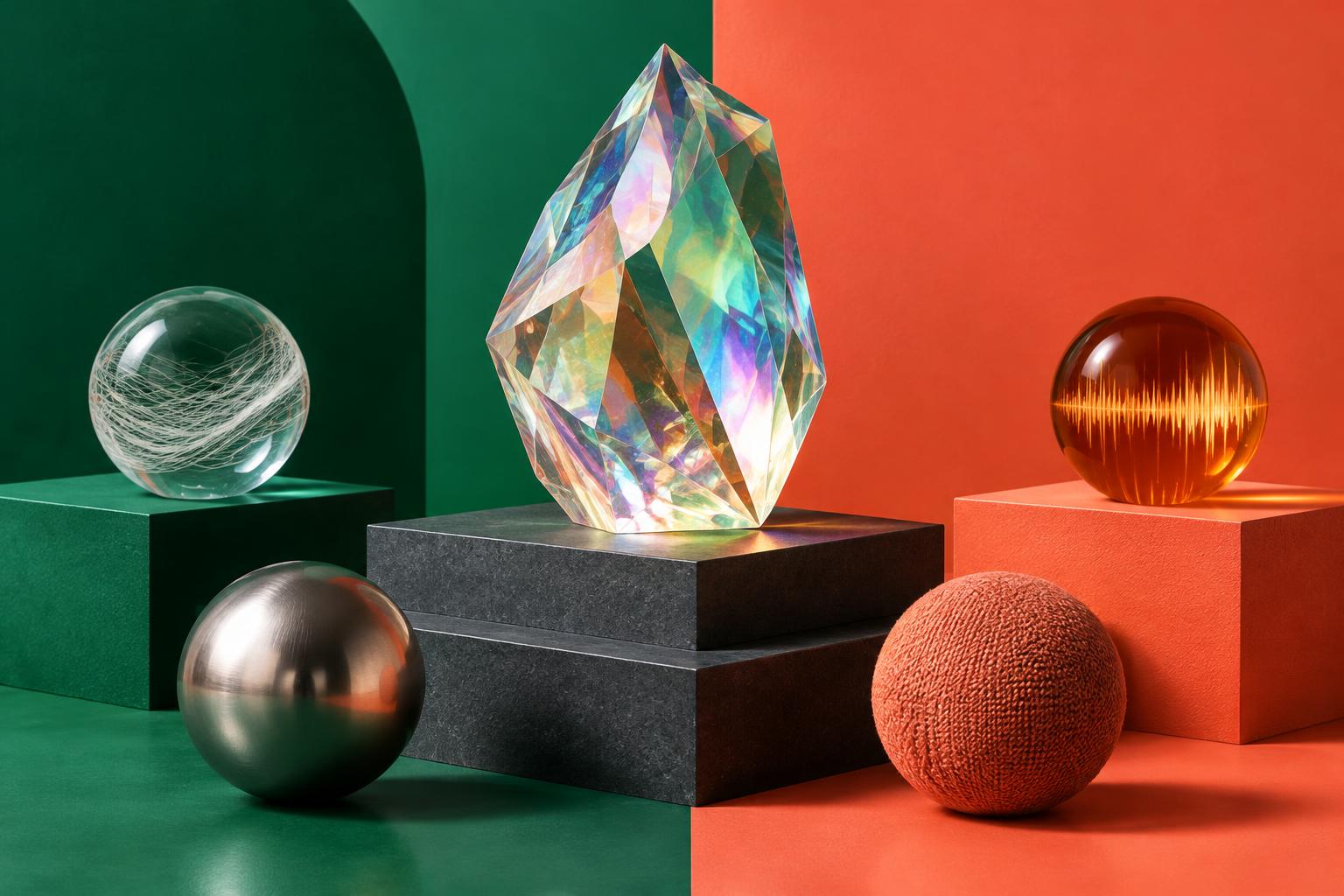 Original still life of an iridescent faceted crystal on a graphite pedestal surrounded by glass, metal and fabric spheres on green and coral; conceptual art, not a real product.