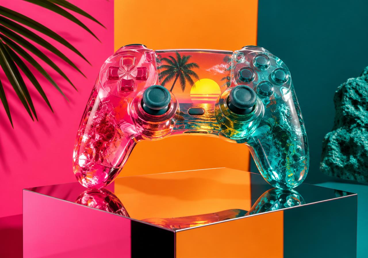 Editorial still life of a glossy pink and teal translucent game controller with a tiny palm-tree sunset inside, on a mirrored pedestal against pink, orange and teal color blocks