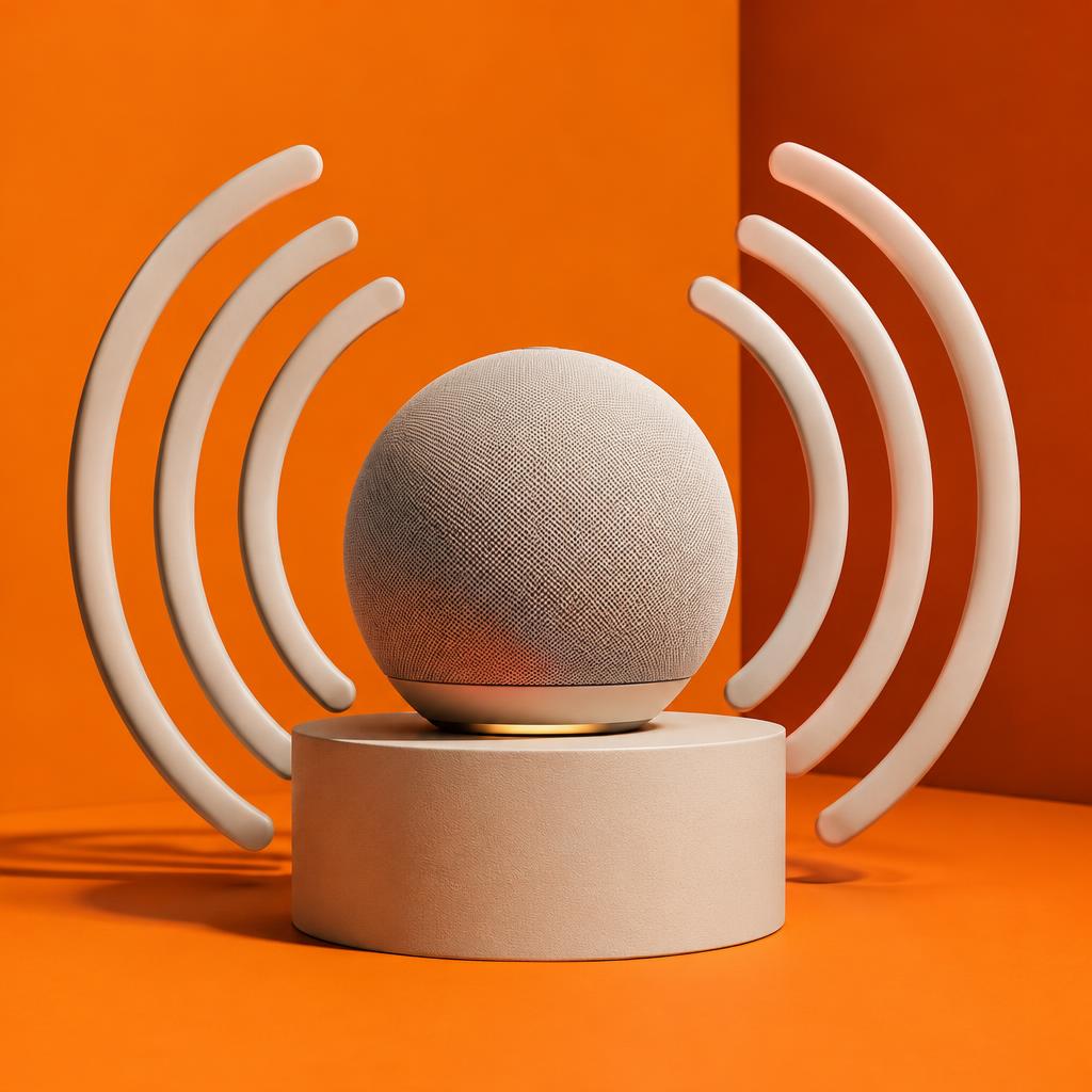 Conceptual editorial still life of a small spherical fabric smart speaker on a pedestal with ceramic sound-wave rings around it, against a warm orange backdrop.