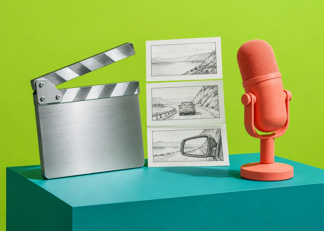 Original still life of a silver clapperboard, illustrated storyboard panels and coral microphone on a lime backdrop; conceptual video workflow.