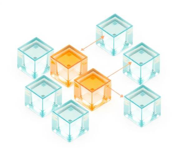 Cluster of isometric cubes with directional arrows
