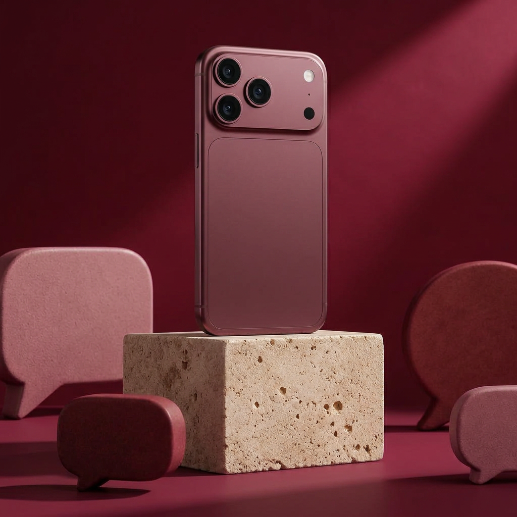 Conceptual editorial still life of a premium smartphone standing on a stone pedestal, surrounded by small matte speech-bubble tokens, against a coral backdrop.