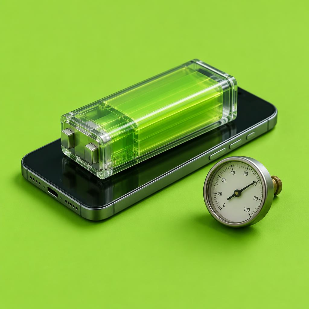 Conceptual editorial still life of a smartphone with a translucent green battery cell sculpture resting on top and a small analog gauge beside it, against a lime-green backdrop.
