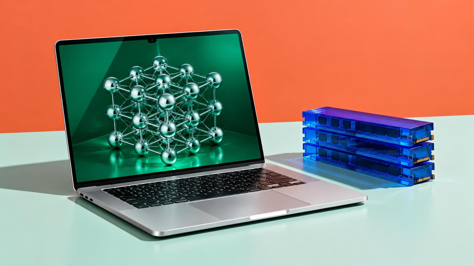 Conceptual editorial still life of a silver laptop with a chrome neural lattice inside an emerald screen, beside blue memory modules on a mint surface against a coral backdrop; not a benchmark.