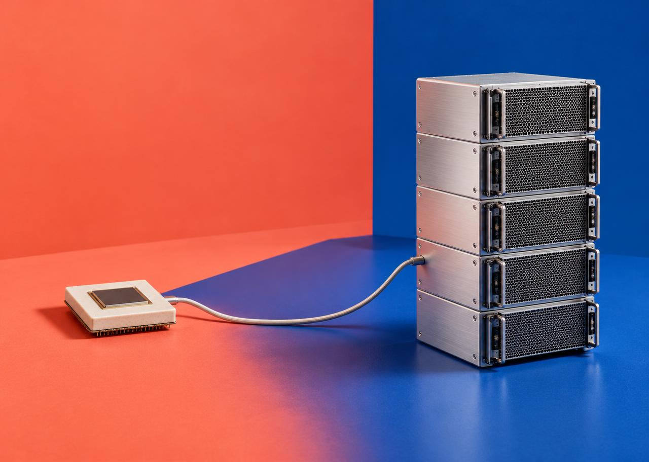 Conceptual personal-device chip connected to a taller server sculpture