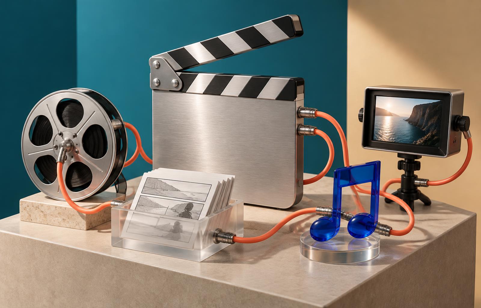 Editorial still life of a film reel, clapperboard, storyboard cards, music note and video monitor linked by coral cables, representing an AI assistant coordinating creative tools