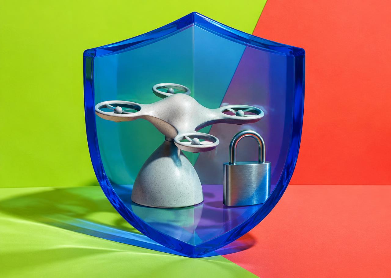 Conceptual editorial still life illustrating defense technology: Can Military Drones Be Hacked? Drone Cybersecurity Explained