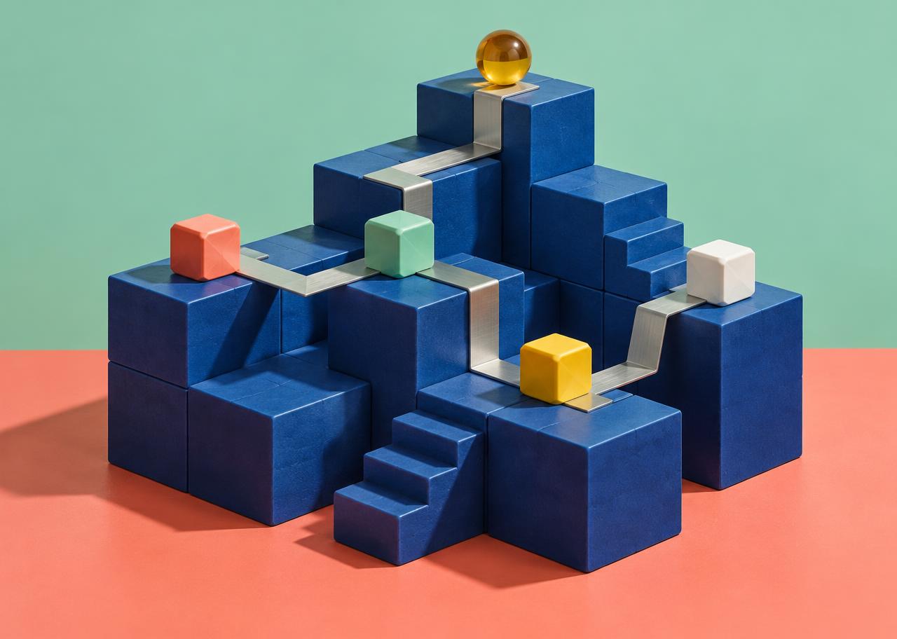 Original editorial illustration of four colored ceramic cubes connected across a stepped block landscape; not a Minecraft screenshot or official game artwork.