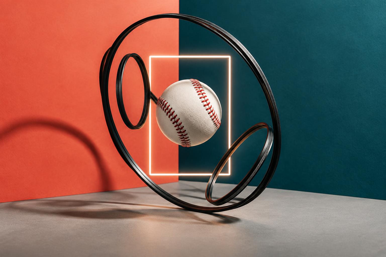 Conceptual editorial still life of a baseball suspended inside abstract camera-lens rings with a glowing strike-zone rectangle, against a coral and teal color-blocked backdrop; not an official MLB image.