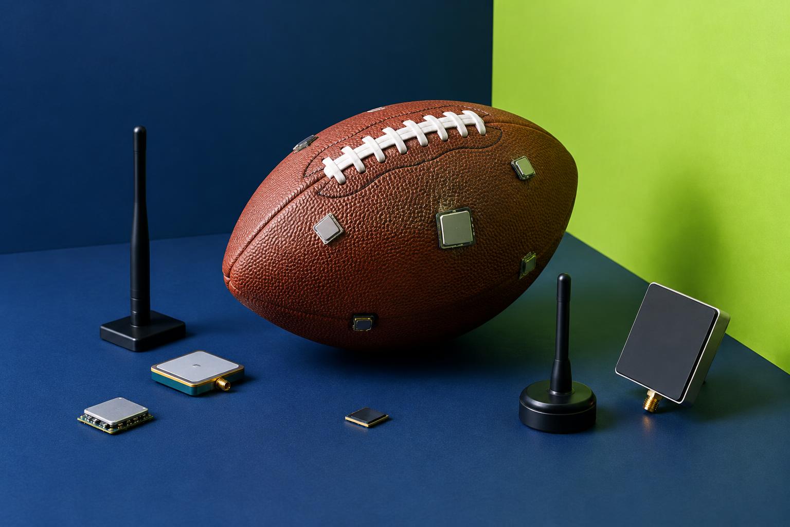 Conceptual editorial still life of a football surrounded by small sensor chips and antenna receivers on a blue surface against a navy and lime color-blocked backdrop; not an official NFL image.