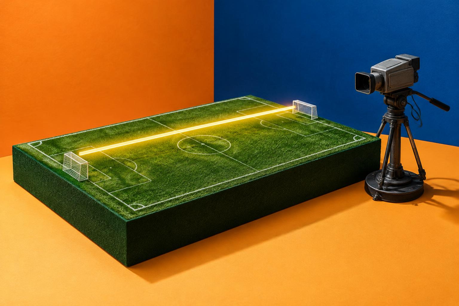 Conceptual editorial still life of a miniature field diorama with a glowing yellow line of light floating above the turf and a small broadcast camera sculpture, against an orange and blue backdrop; not a broadcast screenshot.