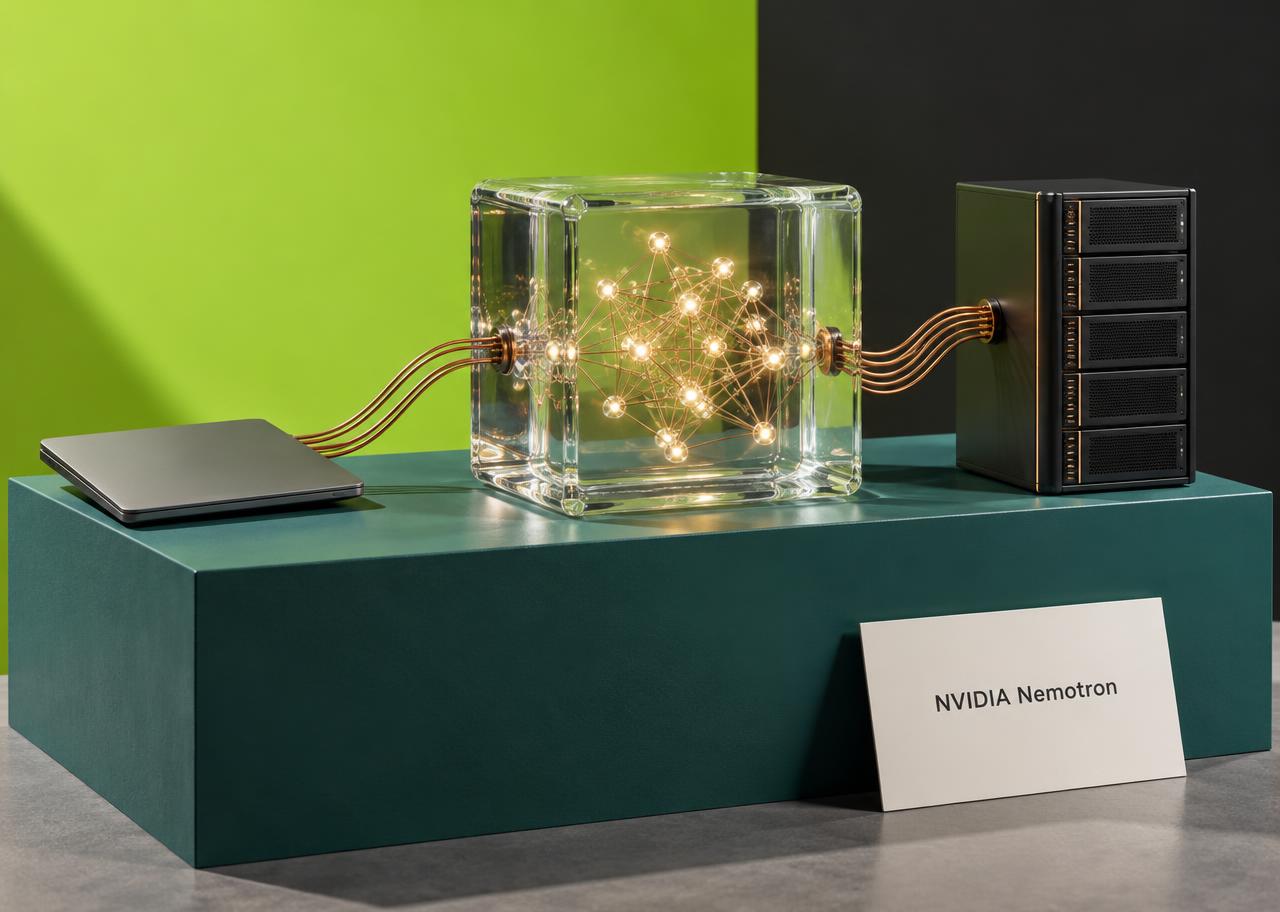 Original editorial still life of a glass cube holding a glowing network linked by copper threads to a generic laptop and small server, with a plain card reading NVIDIA Nemotron
