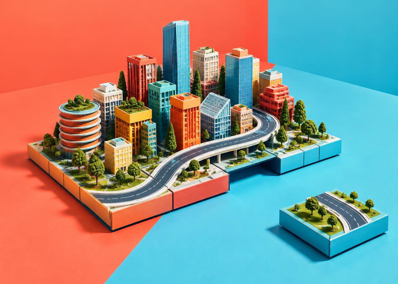Conceptual modular miniature city with a curved road and a separate streaming tile