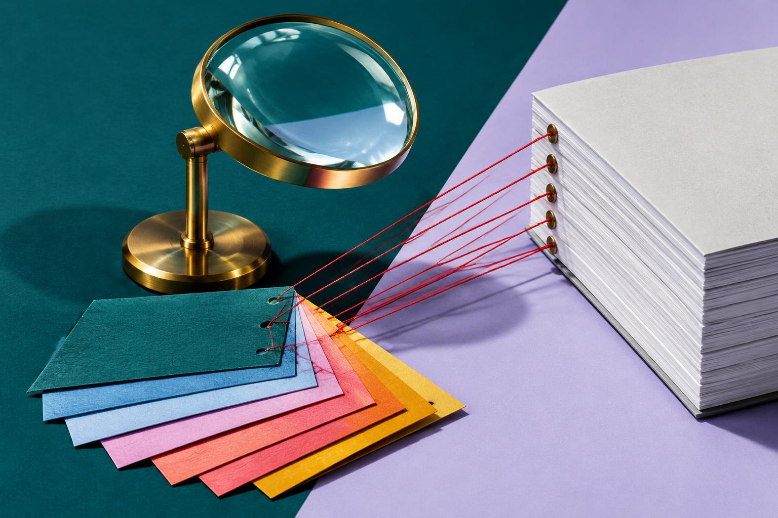 Original still life of a brass magnifying lens over a fan of colored cards tied with red thread to a bound white report on teal and lilac; conceptual art, not a real product.