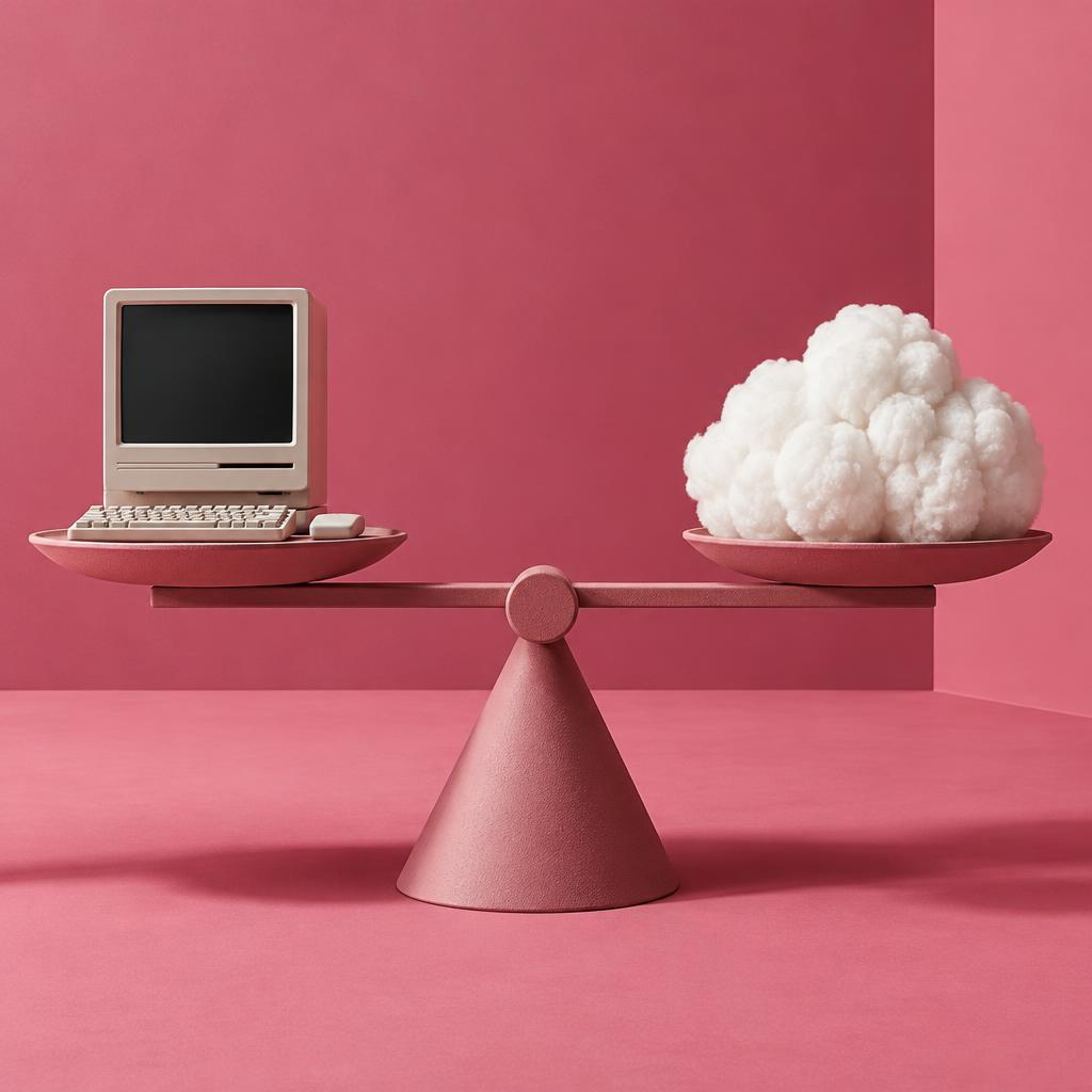 Conceptual editorial still life of a small home computer and a fluffy cloud balanced on a scale, against a dusty pink backdrop.