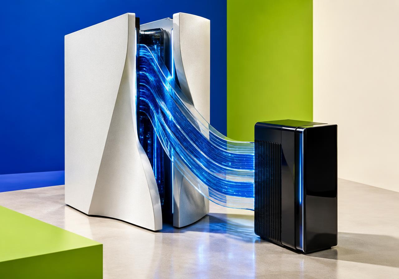 Editorial still life of a white console-shaped monolith split open, with glowing blue translucent ribbons flowing into a small black PC tower, against cobalt blue, lime and cream color blocks